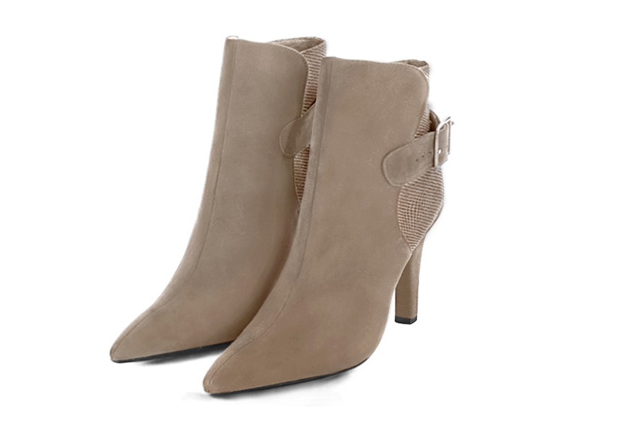 Tan beige women's ankle boots with buckles at the back. Tapered toe. Very high slim heel. Front view - Florence KOOIJMAN